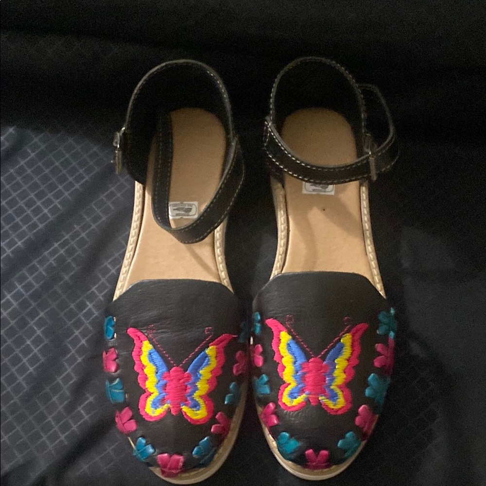 Embroidered Butterfly Black Sandals